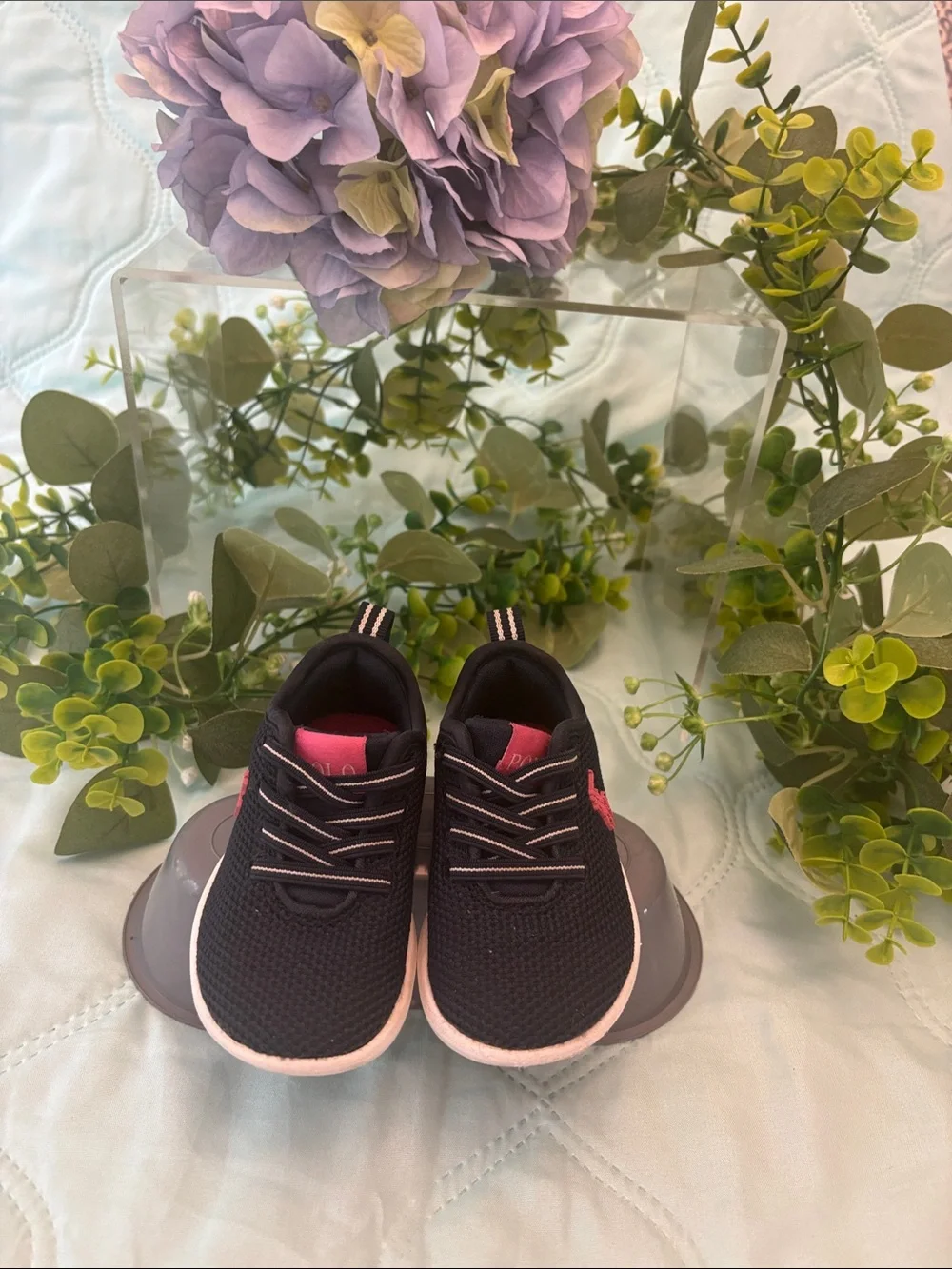 Ralph Lauren navy blue mesh Kids Sneakers with Pink Logo Accents
